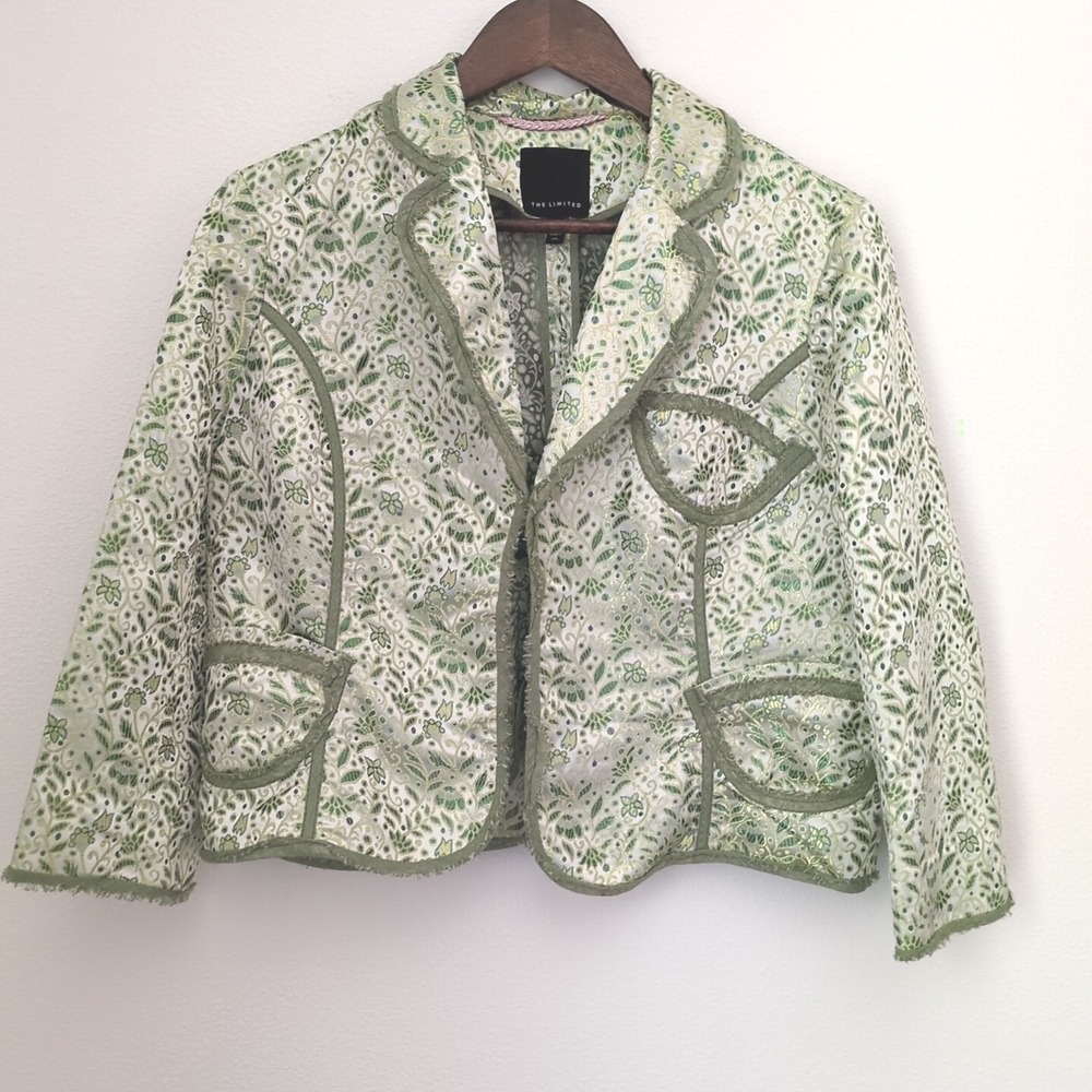 The Limeted Sz L Cropped Satin Jacquard Blazer Sz Large Green Floral